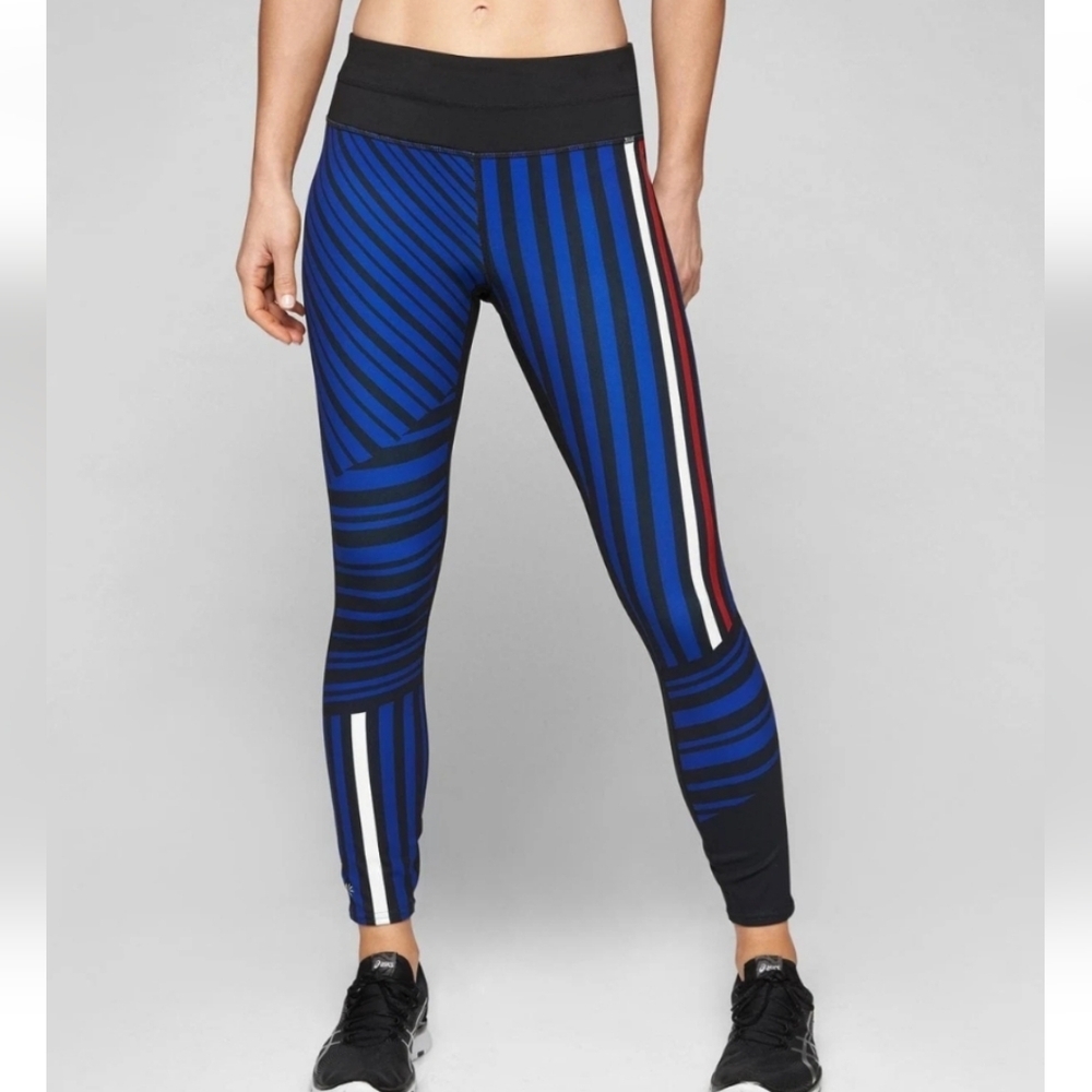 Athleta Sketch Sonar 7/8 Tight Leggings Womens Small Black Blue Stripe